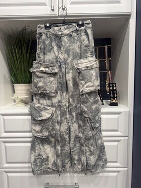 Zara Gray Tie-Dye Cargo Pants with Multiple Pockets and zipper Euro Small